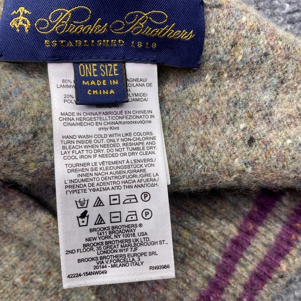 Brooks Brothers Tan Donegal Tweed Lambswool Blend Scarf Purple Striped Ribbed OS